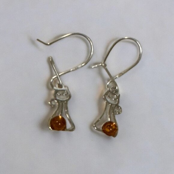 Sterling Silver 925 Petite Baltic Amber Silver Kitten Earrings - Picture 8 of 12